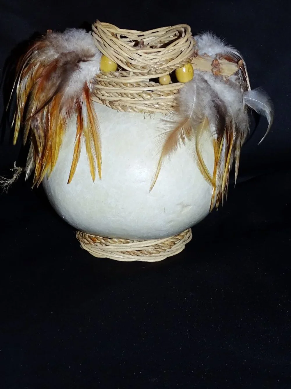 Native American Signed Gourdian Vessel with Feathers